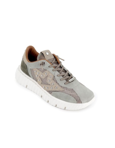 Deportivas de cordones elásticos piel rejilla y tachas mujer verde