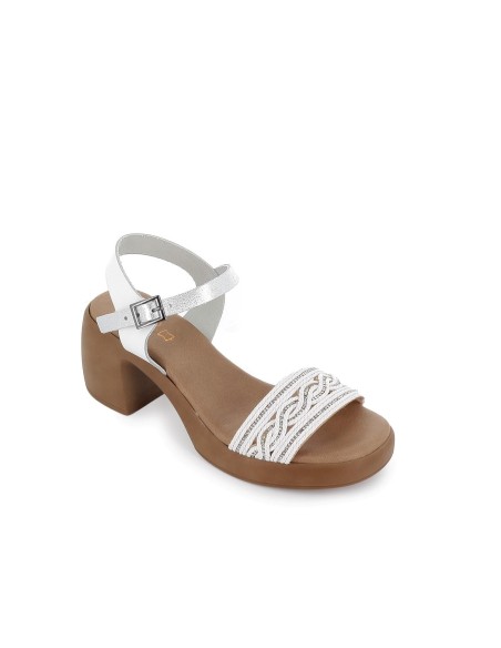 Sandalias de diario piel cadeneta metalizada y tacón blanco Blanco