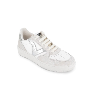 Deportiva piel y serraje detalle glitter y metalizado para mujer blanco 2