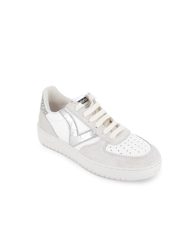 Deportiva piel y serraje detalle glitter y metalizado para mujer blanco