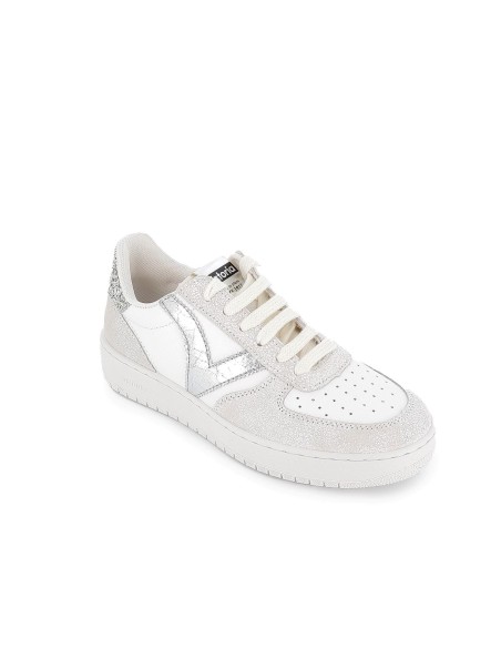 Deportiva piel y serraje detalle glitter y metalizado para mujer blanco