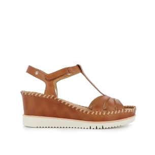 Sandalia plataforma cuña tiras de piel azul para mujer Marrones