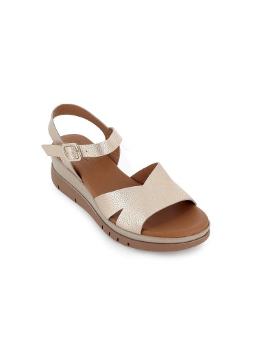 Sandalia cuña piel grabada y hebilla mujer dorado