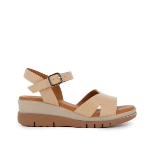 Sandalia cuña piel grabada y hebilla mujer beige Beige