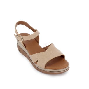 Sandalia cuña piel grabada y hebilla mujer beige Beige 2
