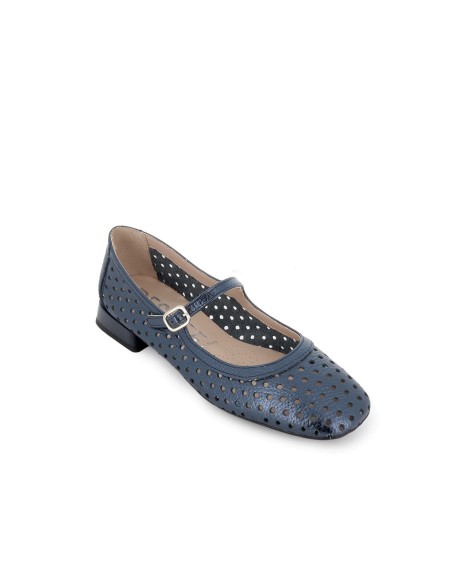 Zapato con correa piel troquelada hebilla mujer azul Azul