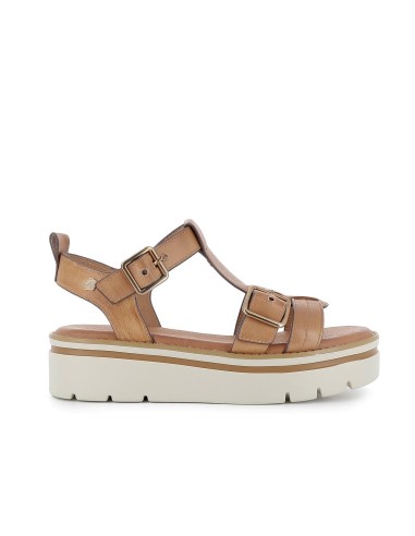 Sandalia piel plataforma con hebillas mujer camel