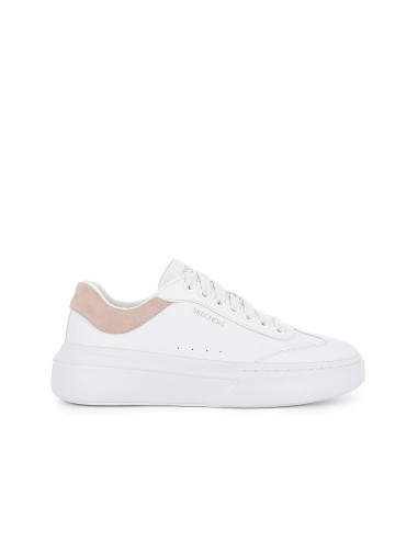 Tenis piel cordones suela cuña mujer blanca y rosa contraste