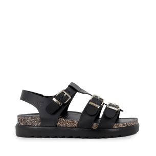 Sandalia piel negra plana hebillas mujer