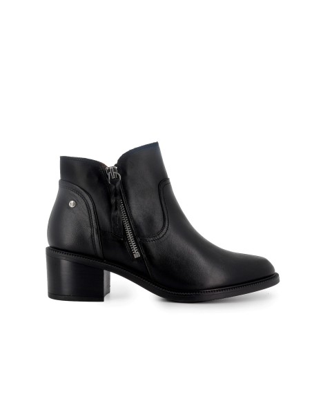 Botín piel corte irregular tacon bajo cremallera mujer negra