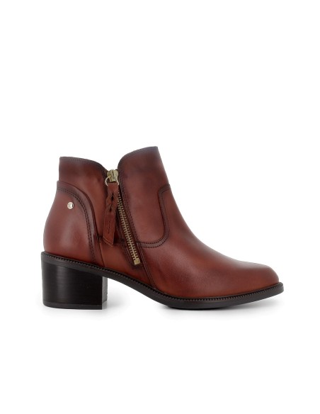 Botín piel corte irregular tacon bajo cremallera mujer marron