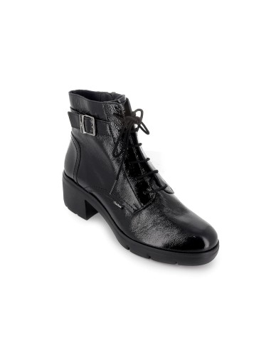 Botin militar charol cordones y hebilla tacon mujer negro