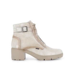 Botin militar charol cordones y hebilla tacon mujer beige