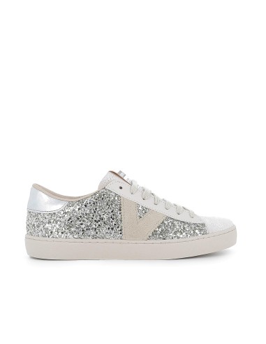 Deportivas glitter y piel cordones mujer plateado