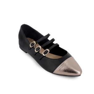 Bailarina piel triple correa con hebilla y puntera mujer negro 2