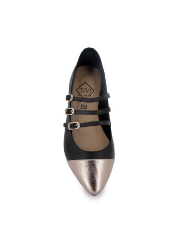 Bailarina piel triple correa con hebilla y puntera mujer negro