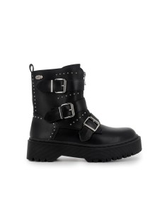 Botin biker triple hebillas tachas y cremallera mujer negra