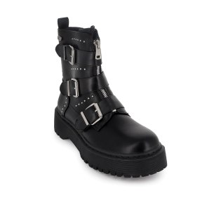 Botin biker triple hebillas tachas y cremallera mujer negra 2