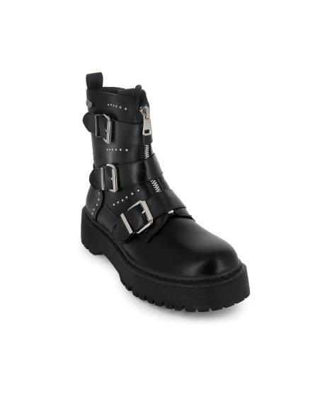 Botin biker triple hebillas tachas y cremallera mujer negra