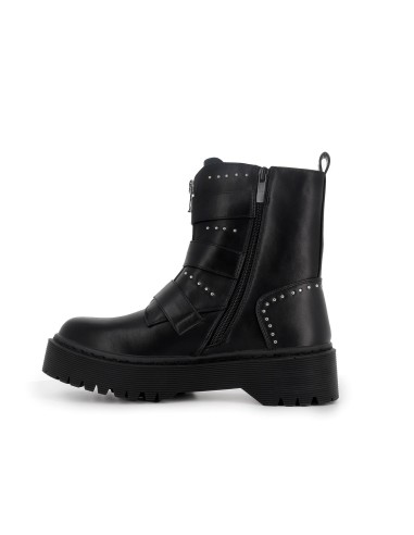 Botin biker triple hebillas tachas y cremallera mujer negra