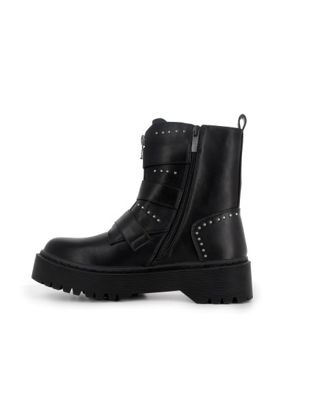 Botin biker triple hebillas tachas y cremallera mujer negra