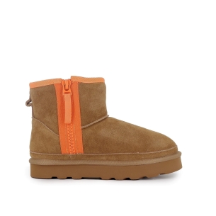 Botin piel serraje con pelito con cremallera mujer beige