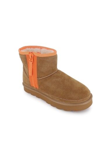 Botin piel serraje con pelito con cremallera mujer beige