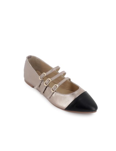 Bailarina piel triple correa con hebilla y puntera mujer plateado