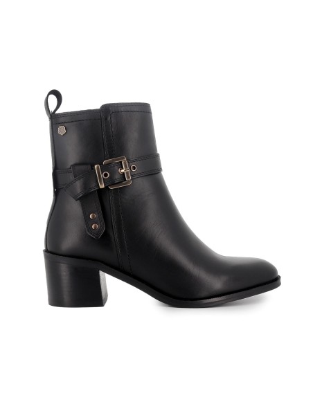 Botín piel con hebilla y cremallera tacon negro mujer