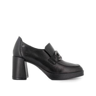 Mocasín piel hebilla con tacón mujer negro