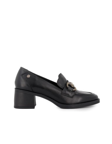 Mocasin piel hebilla con tacon medio mujer negro