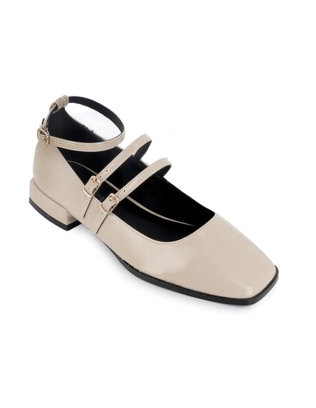 Bailarina charol triple correa con hebilla mujer beige