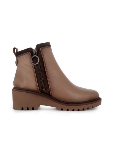 Botin piel con vivos cremallera cuña mujer taupe