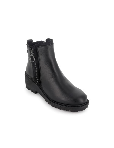 Botin piel con vivos cremallera cuña mujer negro