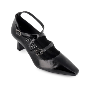 Zapato con correas cruzadas piel charol y tacon fino mujer negro 2