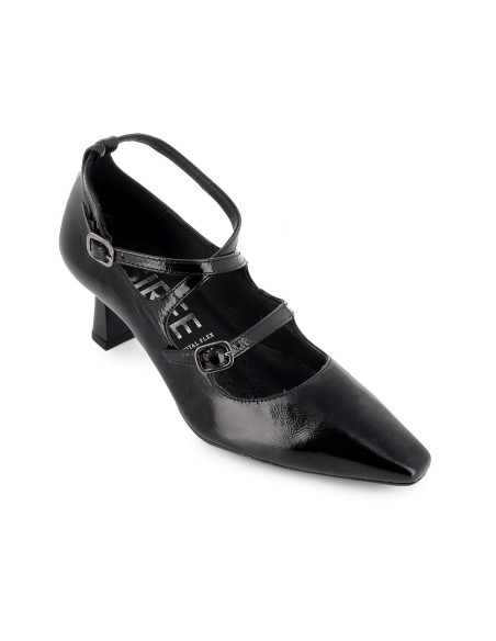 Zapato con correas cruzadas piel charol y tacon fino mujer negro