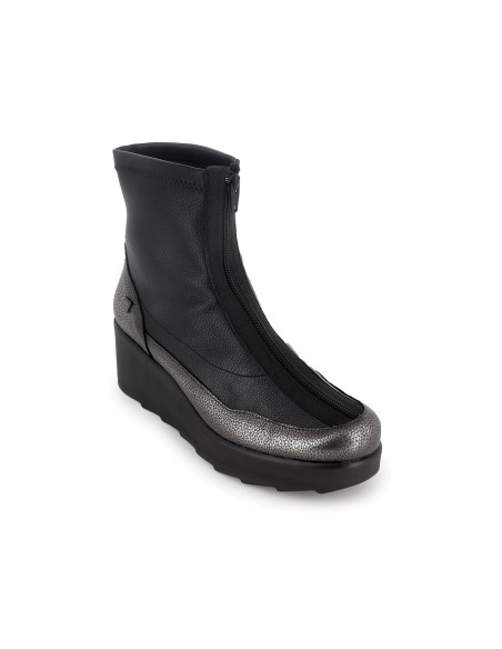 Botin piel efecto metal con cremallera central cuña mujer negro