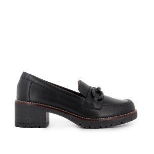 Mocasin piel lisa tacon hebilla con suela bicolor mujer negro