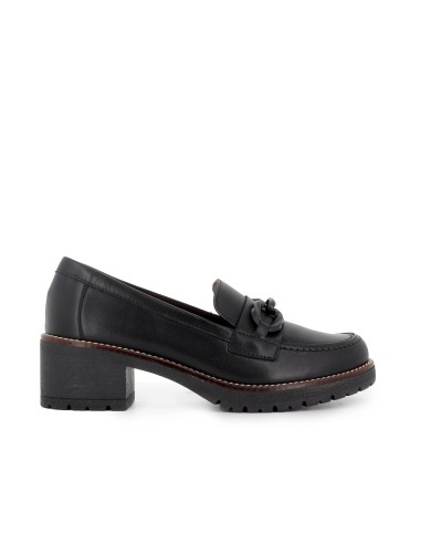 Mocasin piel lisa tacon hebilla con suela bicolor mujer negro