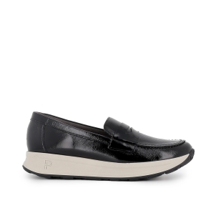 Mocasin piel charol cuña antifaz mujer negro
