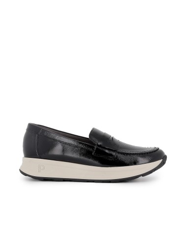 Mocasin piel charol cuña antifaz mujer negro