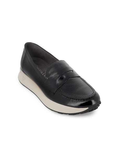 Mocasin piel charol cuña antifaz mujer negro