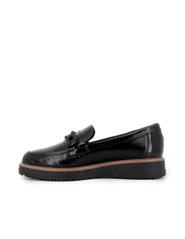 Mocasin piel charol cuña hebilla con suela bicolor mujer negro