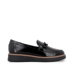 Mocasin piel charol cuña hebilla con suela bicolor mujer negro