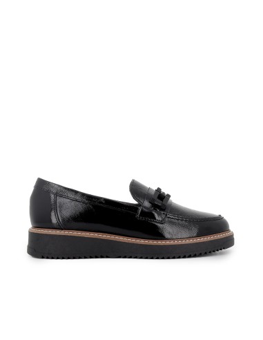 Mocasin piel charol cuña hebilla con suela bicolor mujer negro