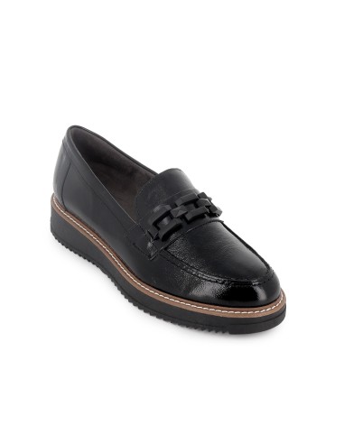 Mocasin piel charol cuña hebilla con suela bicolor mujer negro