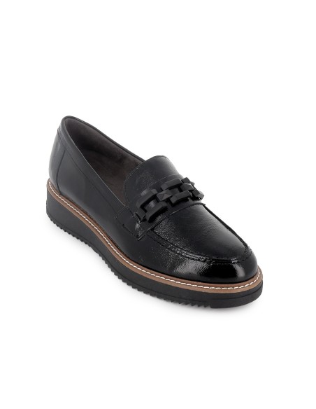 Mocasin piel charol cuña hebilla con suela bicolor mujer negro