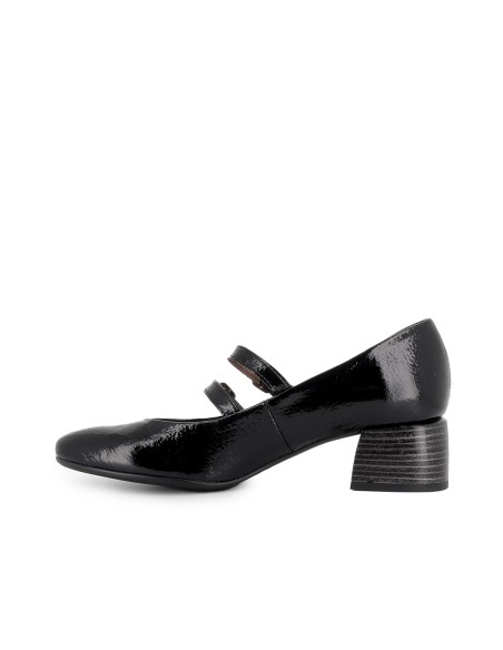 Zapato piel con correa doble y tacon medio mujer negro