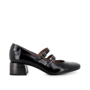 Zapato piel con correa doble y tacon medio mujer negro