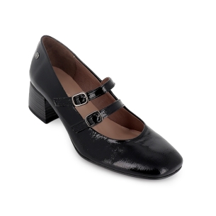 Zapato piel con correa doble y tacon medio mujer negro 2